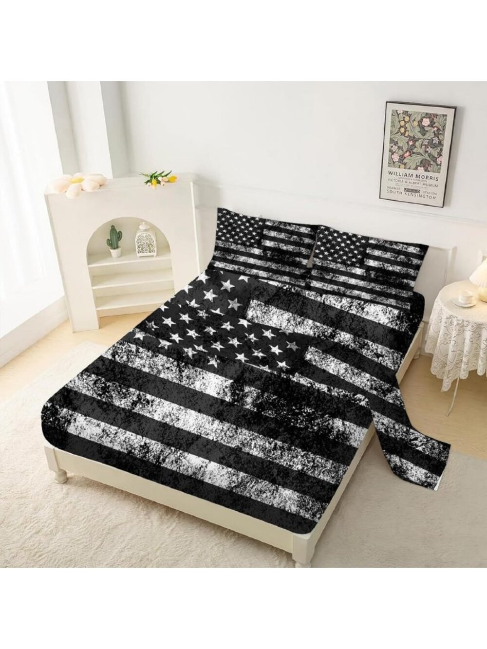 Black & White USA Flag Queen Bedding Set - Fitted Sheet, Flat Sheet & 2